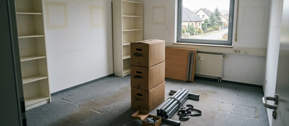 Nummerierte Umzugskisten und ein zerlegter Schreibtisch stehen in einem geräumten Büro mit leeren Regalwänden bereit