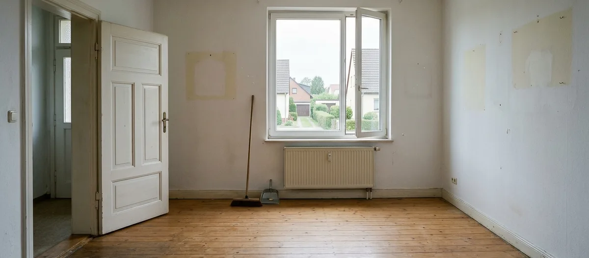 Geräumtes leeres Wohnzimmer mit gefegtem Dielenboden, an der Wand lehnt ein Besen, durch das Fenster fällt Tageslicht