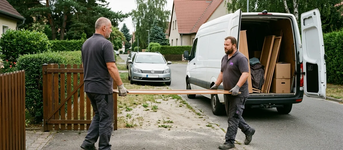 Zwei Umzugskräfte tragen einen zerlegten Schrank aus einem Einfamilienhaus zu einem geöffneten Kastenwagen an einer ruhigen Anliegerstraße