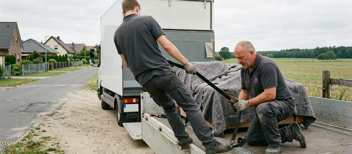 Zwei Umzugskräfte sichern abgedeckte Möbel mit Spanngurten auf einer offenen Ladefläche, im Hintergrund eine weite Freifläche am Ortsrand