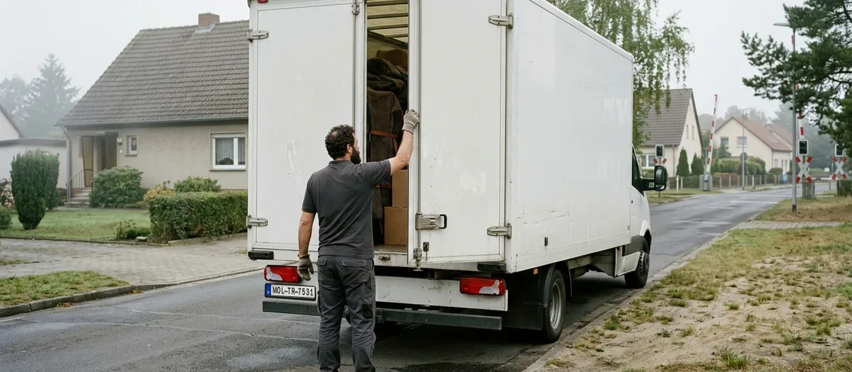 Fahrer schließt am frühen Morgen die Hecktür eines beladenen Umzugswagens vor einem Wohnhaus mit Vorgarten