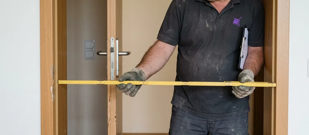 Umzugskraft misst mit dem Zollstock die Breite einer Wohnungstür und notiert das Maß auf einem Klemmbrett