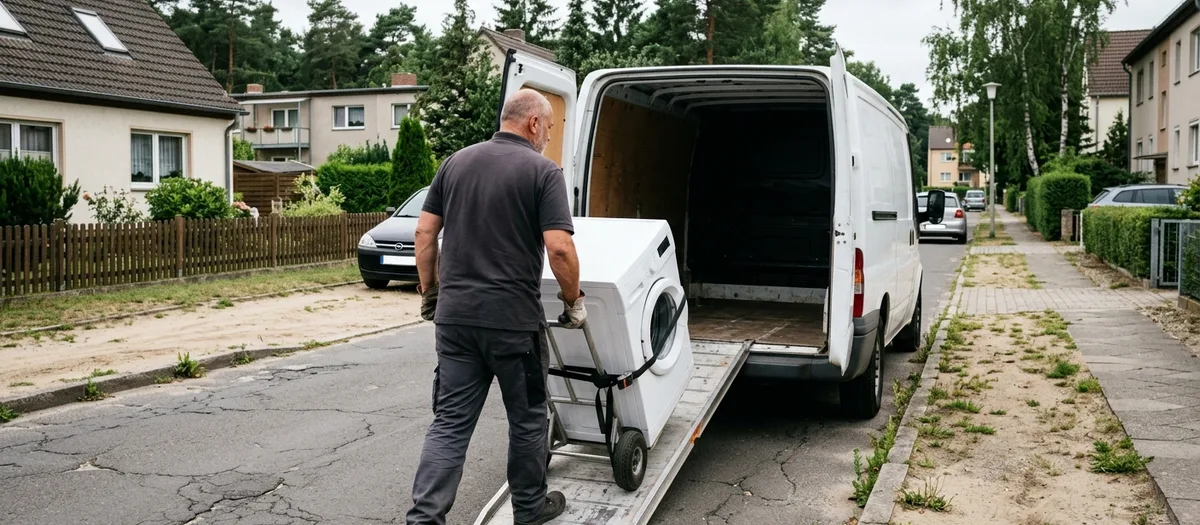 Umzugskraft in Arbeitskleidung schiebt eine Sackkarre mit einer verzurrten Waschmaschine über eine Rampe in einen Kastenwagen